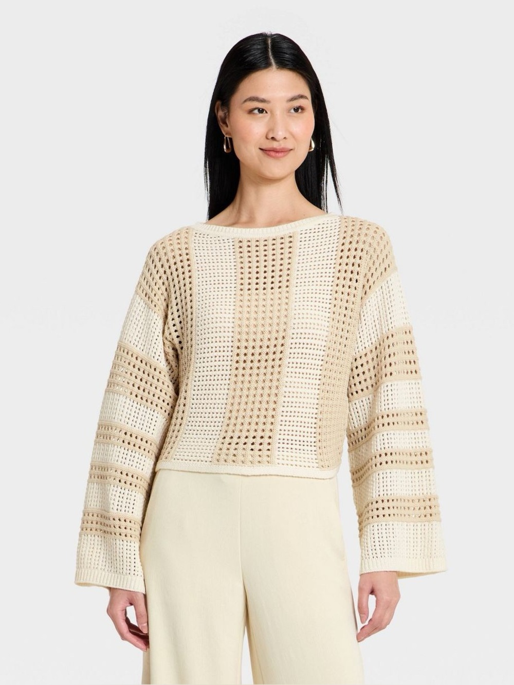 Women's Open Work Oversized Pullover Sweater - A New Day™ Cream Striped S NWOT